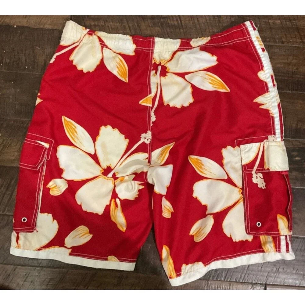Red Floral Hawaiian Board Shorts with Cargo Pockets - Men's Swim Trunks 3xl